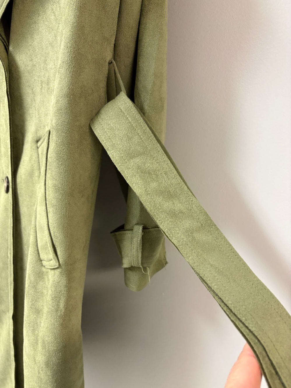 Faux Suede Sage Green Trench Coat Belted Lightweight Sz M - Picture 6 of 7